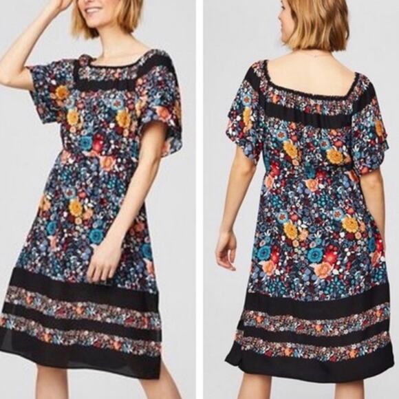 LOFT Black Floral Print Striped Off the Shoulder Dress Sz. Small Petite SP - Picture 3 of 8